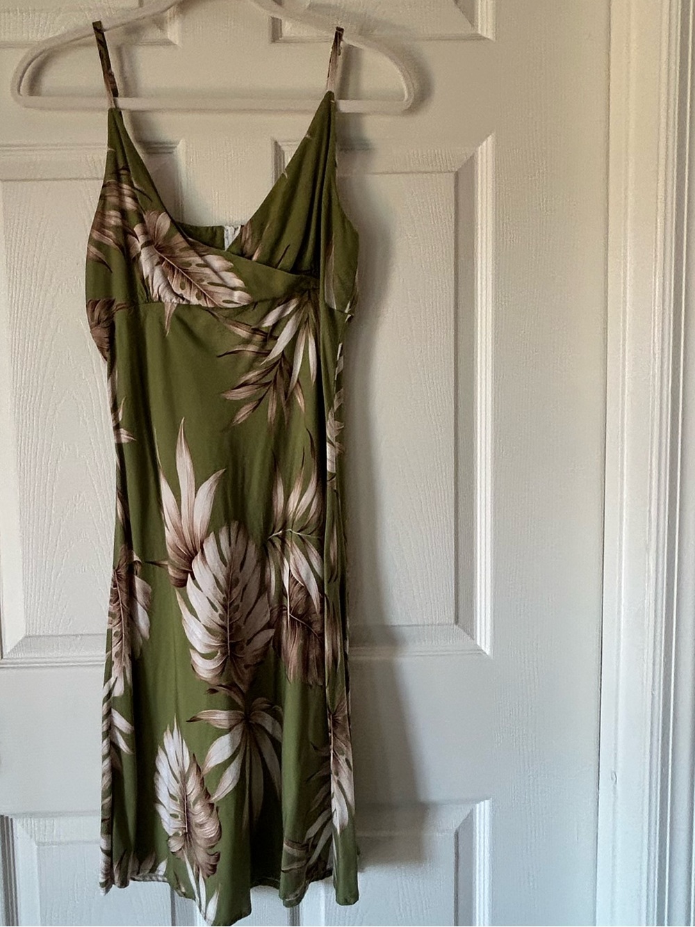 Olive Green Tropical Palm Print Slip Dress Spaghetti Strap Sundress Size Large